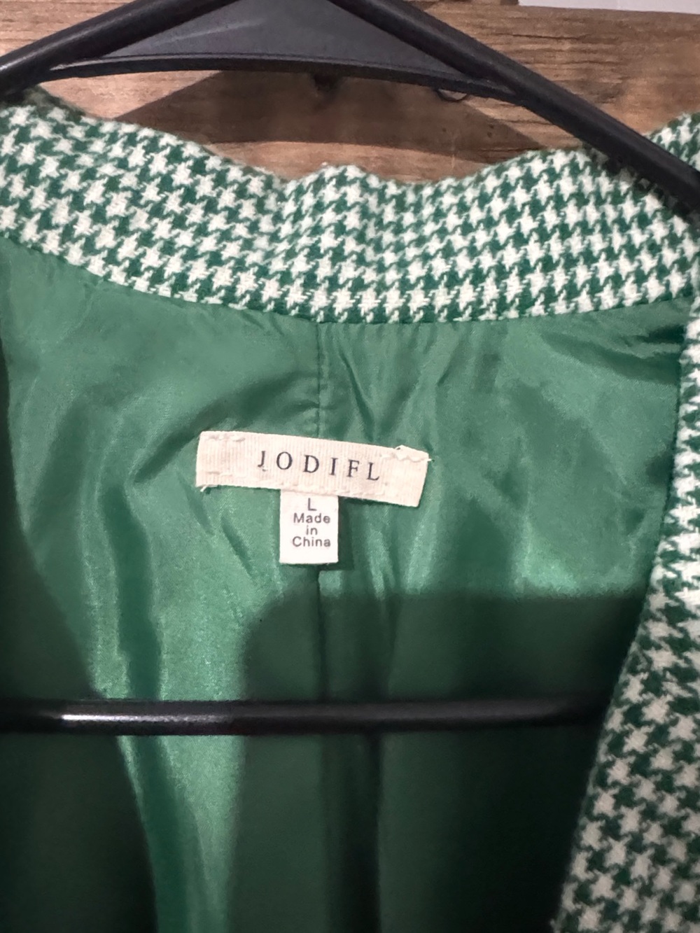 Jodifl Green Houndstooth Blazer Faux Suede Elbow Patch Jacket Size L - Picture 2 of 5
